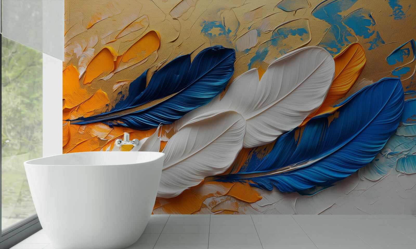 Fototapeten Farbe mit weißen und blauen Federn malen