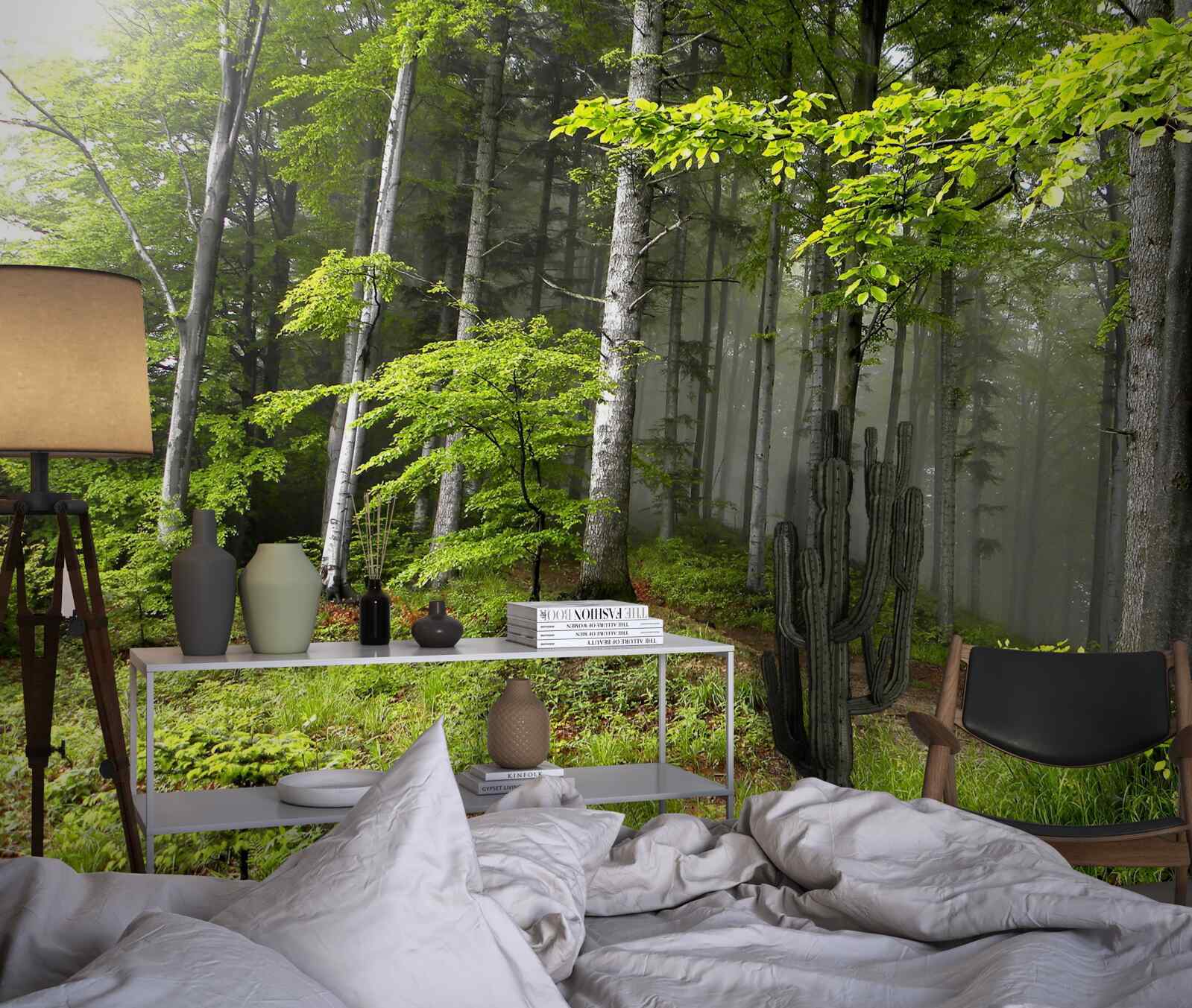 Fototapeten Nebelwald mit Blättern