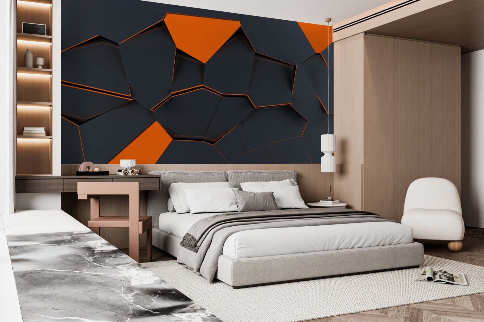 Fototapeten Geometrische Formen in Schwarz- und Orangeschatten