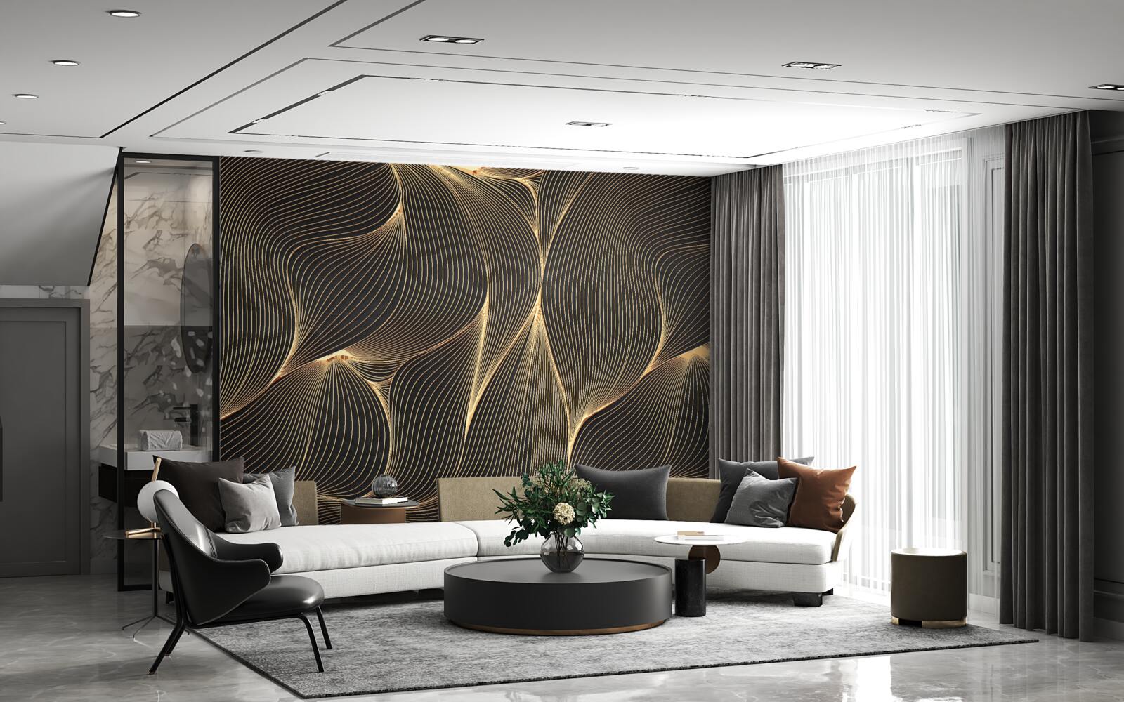 Fototapeten Abstraktion mit glatten goldenen Linien