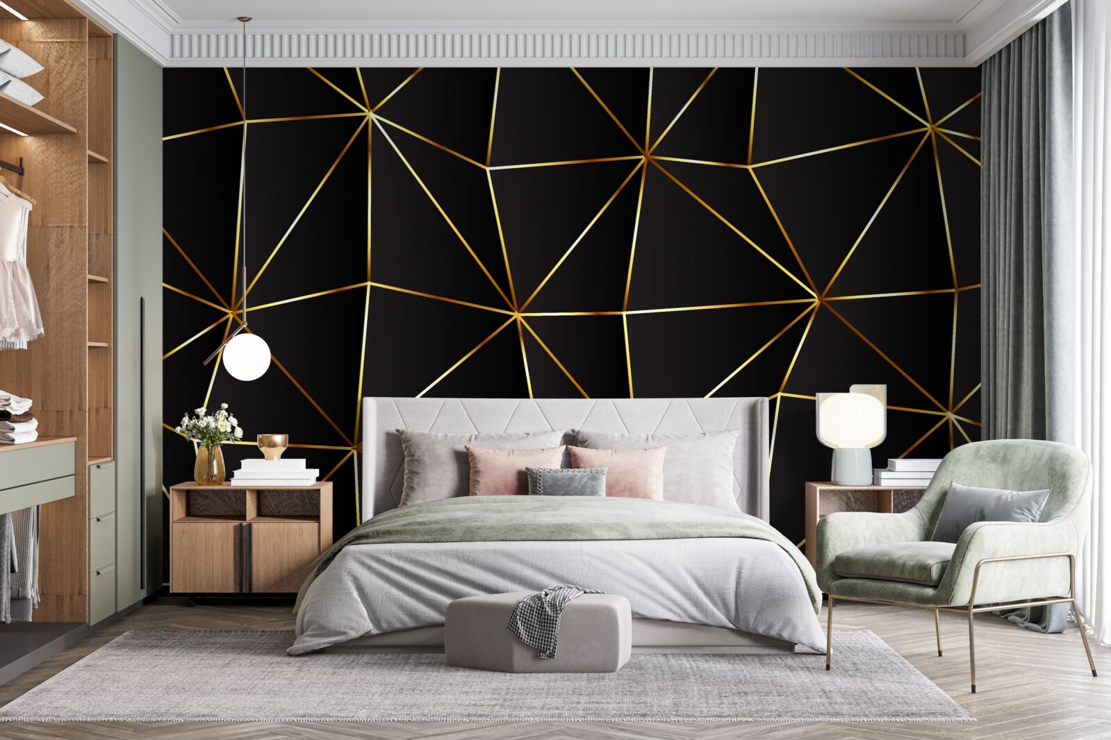 Fototapeten Goldene Elemente auf schwarzen Hintergrunddreiecken