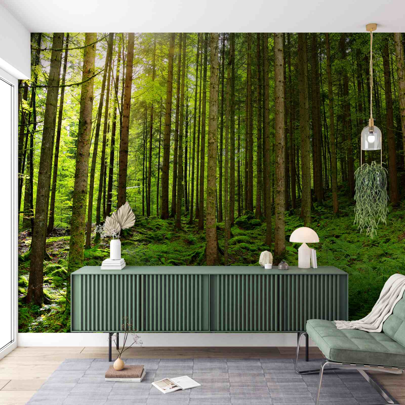 Fototapeten Die Sonnenstrahlen durchdringen durch den Wald