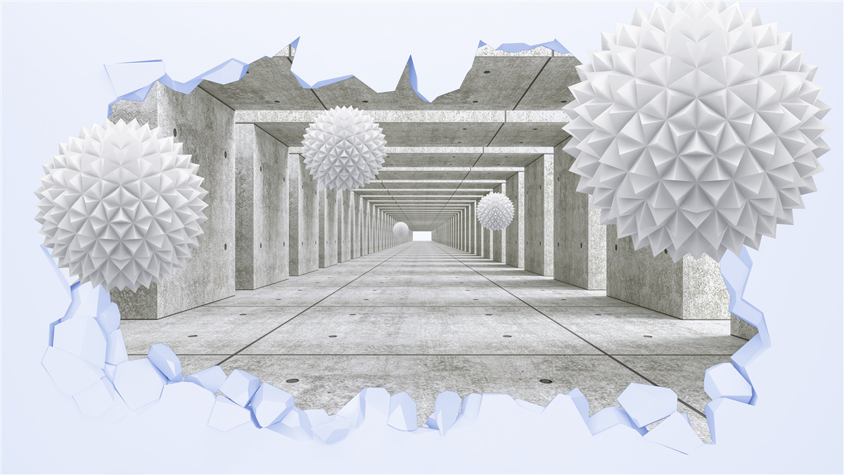 Fototapeten Ein scharfer Tunnel mit schwimmenden Bällen