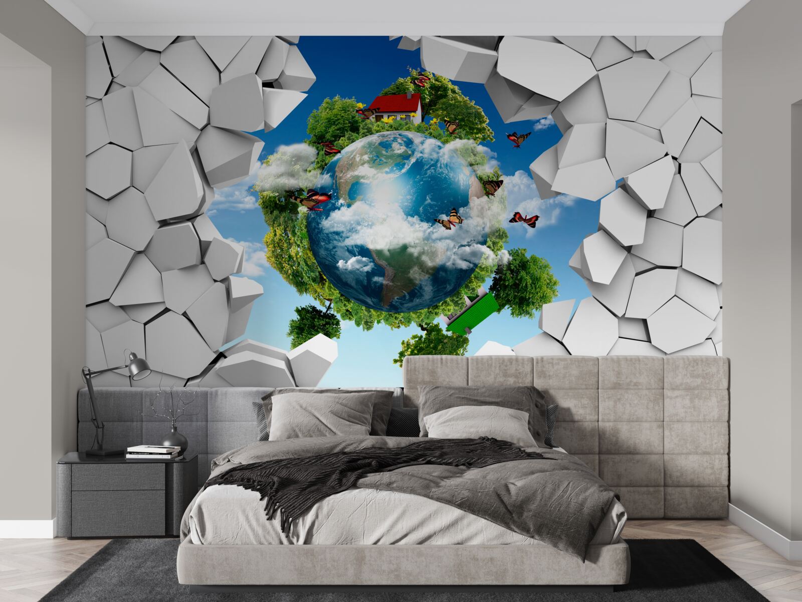 Fototapeten Steinmauer und Planet mit Grün bedeckt