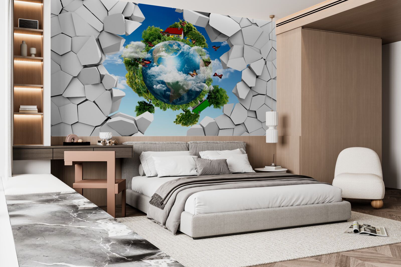 Fototapeten Steinmauer und Planet mit Grün bedeckt