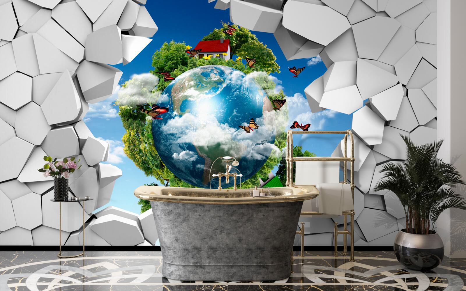 Fototapeten Steinmauer und Planet mit Grün bedeckt