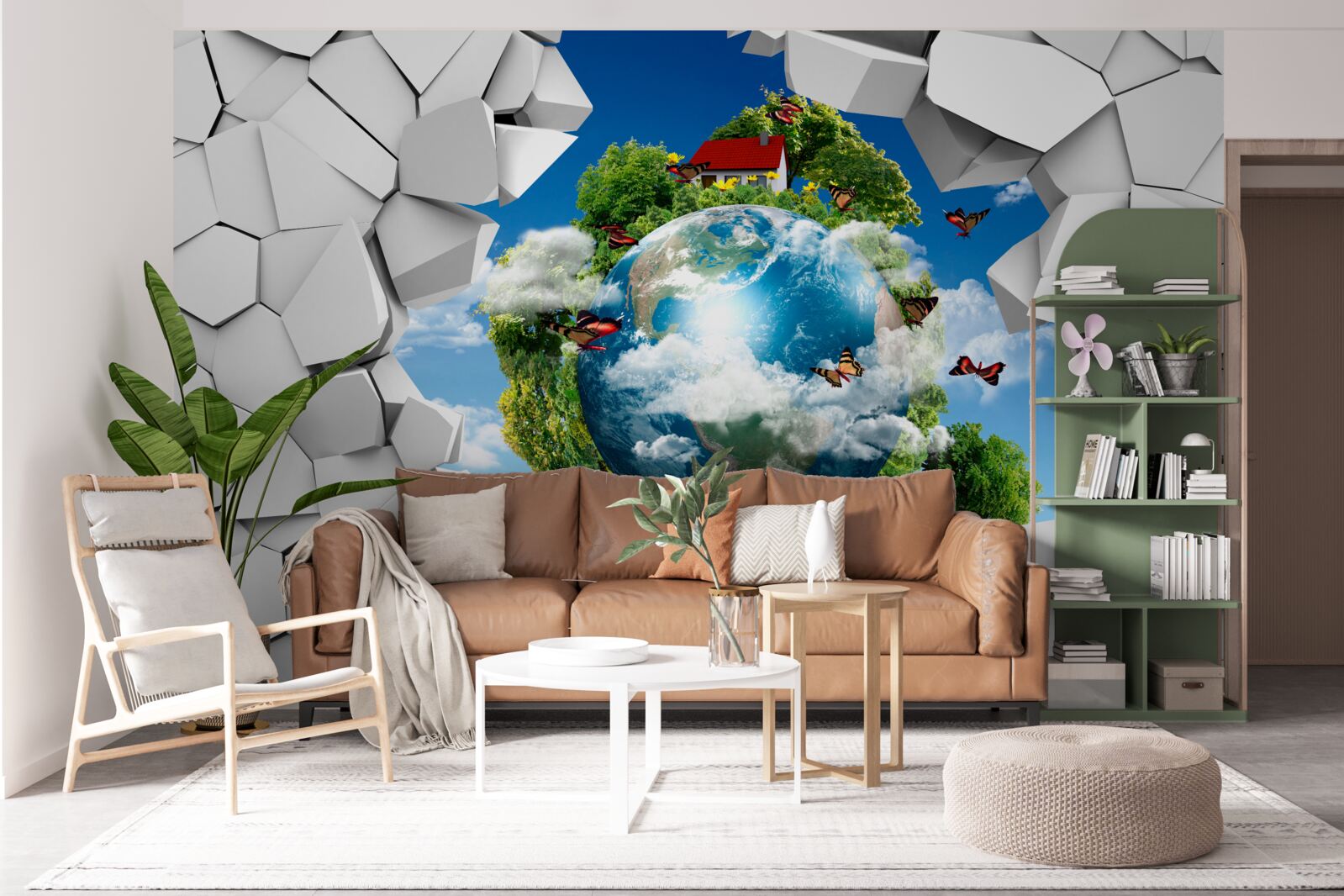 Fototapeten Steinmauer und Planet mit Grün bedeckt