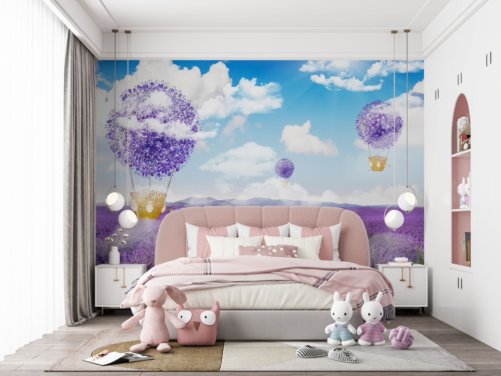Fototapeten Lavendelplantage und Luftballons