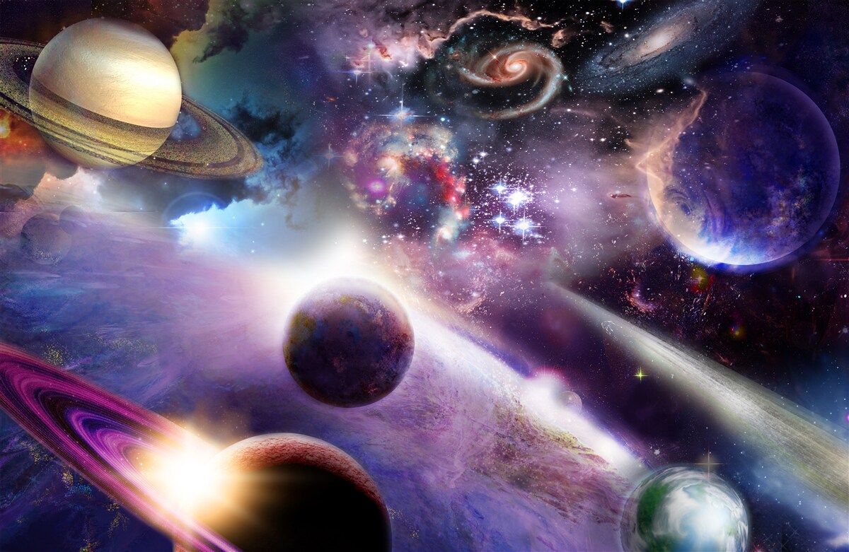 Fototapeten Der Raum ist unendlich und voller heller Planeten