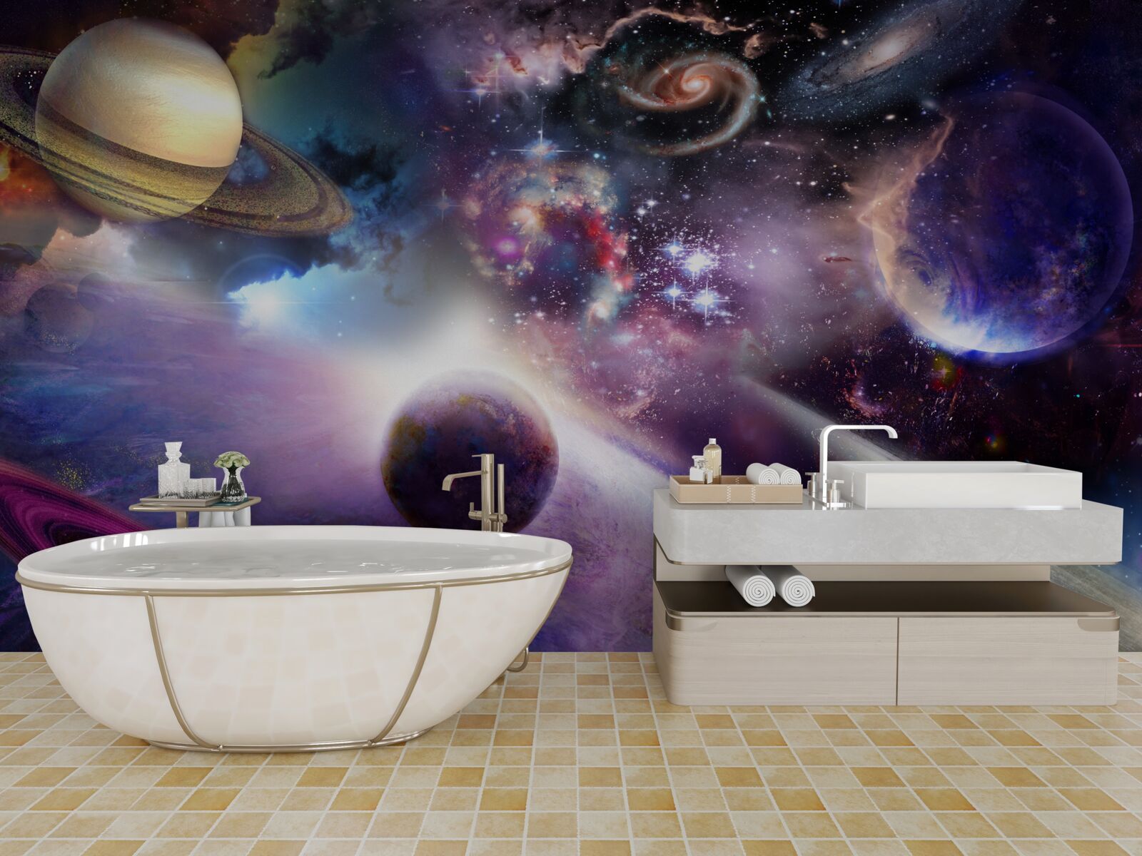 Fototapeten Der Raum ist unendlich und voller heller Planeten