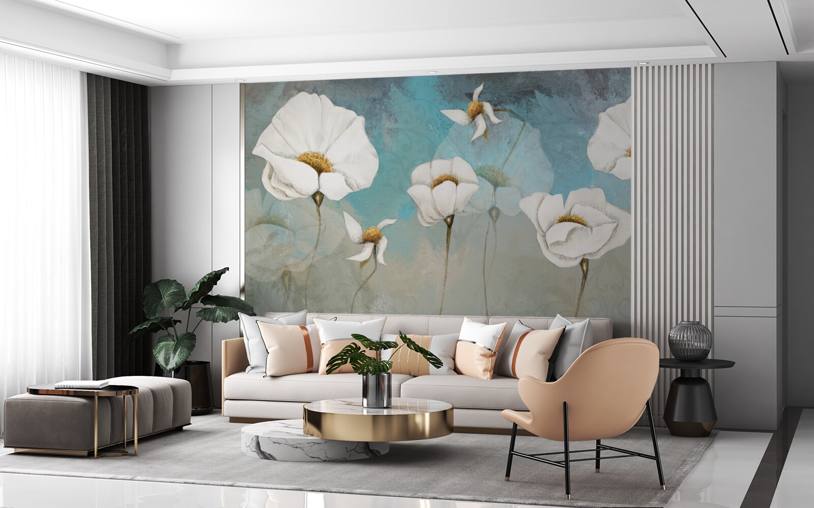 Fototapeten zarte weiße Mohnblumen