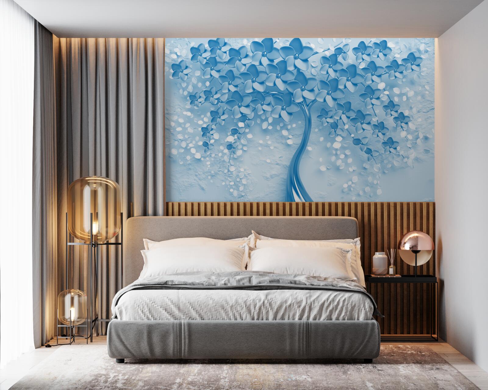 Fototapeten riesiger blauer Baum mit Blumen