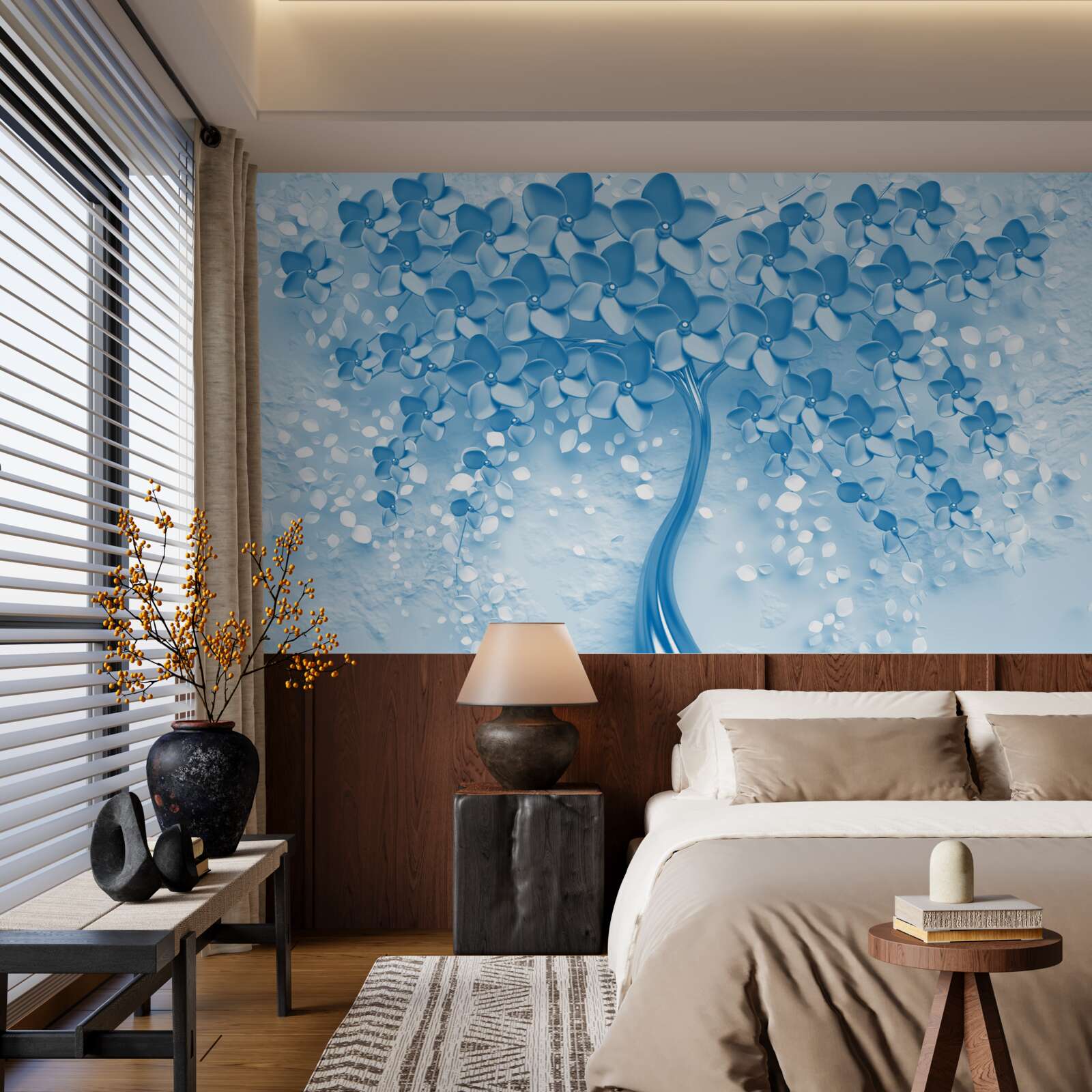 Fototapeten riesiger blauer Baum mit Blumen