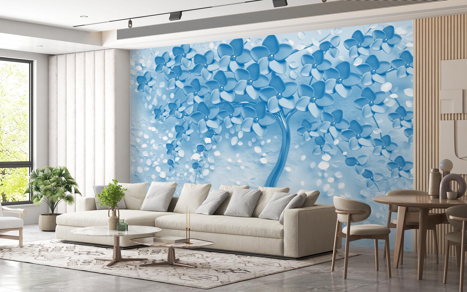 Fototapeten riesiger blauer Baum mit Blumen