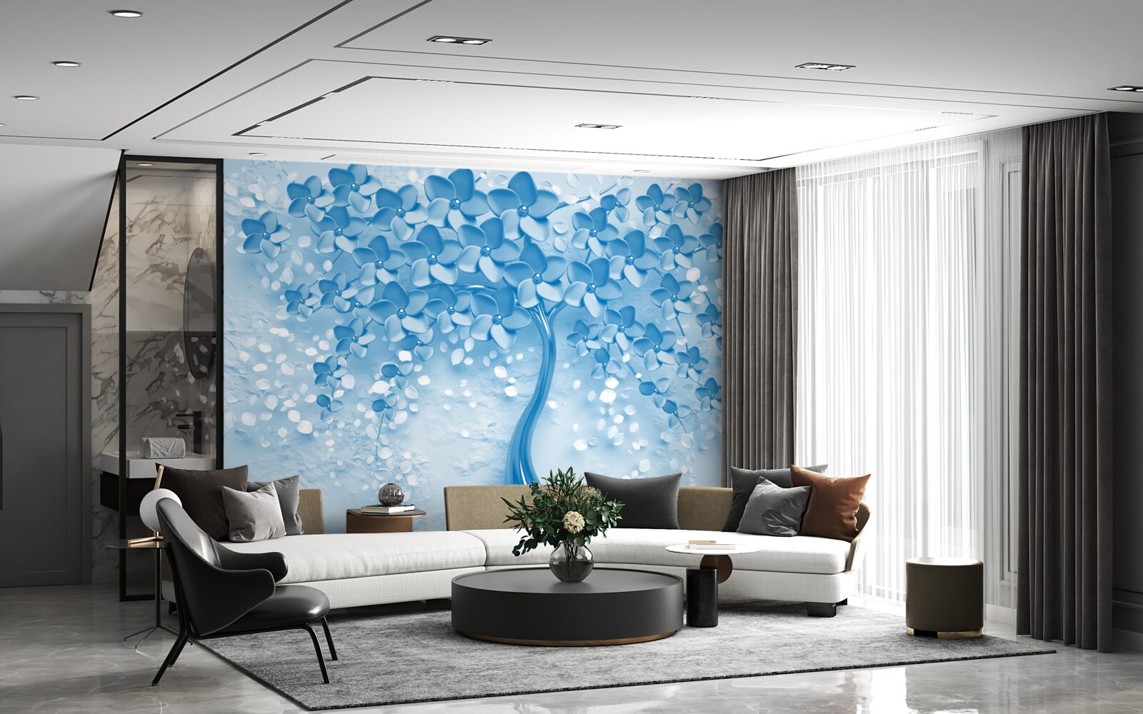 Fototapeten riesiger blauer Baum mit Blumen