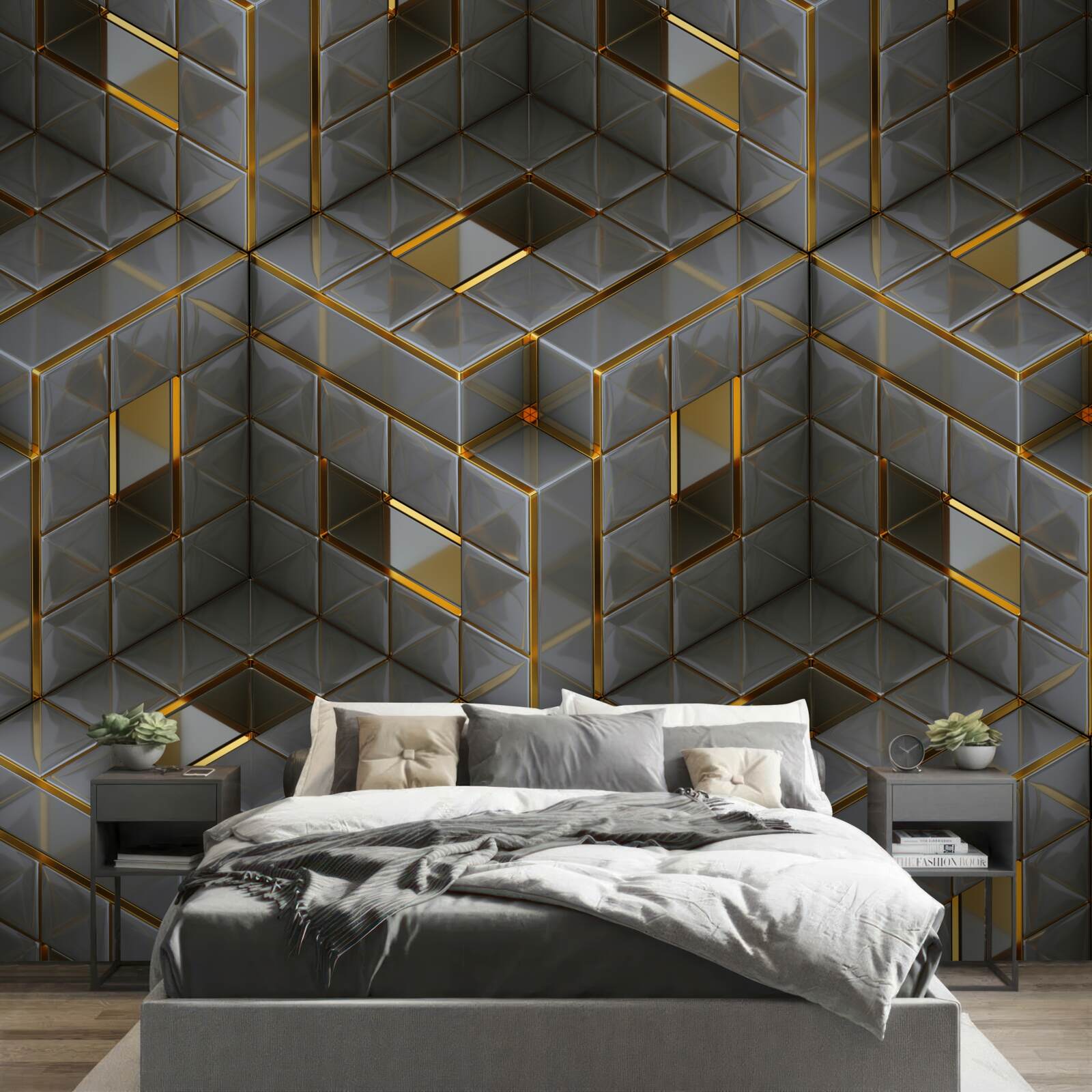 Fototapeten 3D -Würfel mit goldenen Elementen