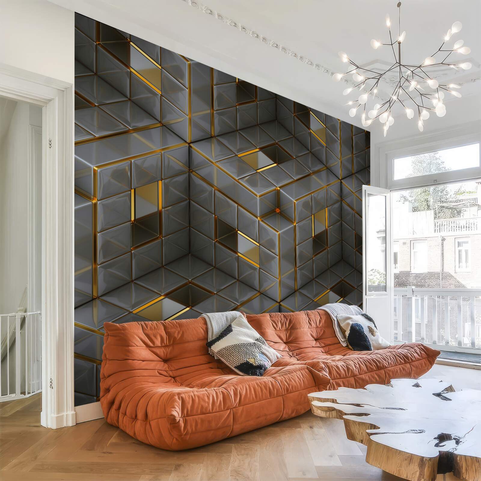 Fototapeten 3D -Würfel mit goldenen Elementen