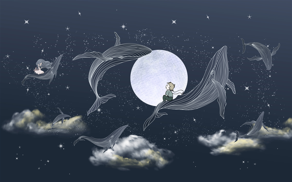 Fototapeten Wale nachts unter dem Mond