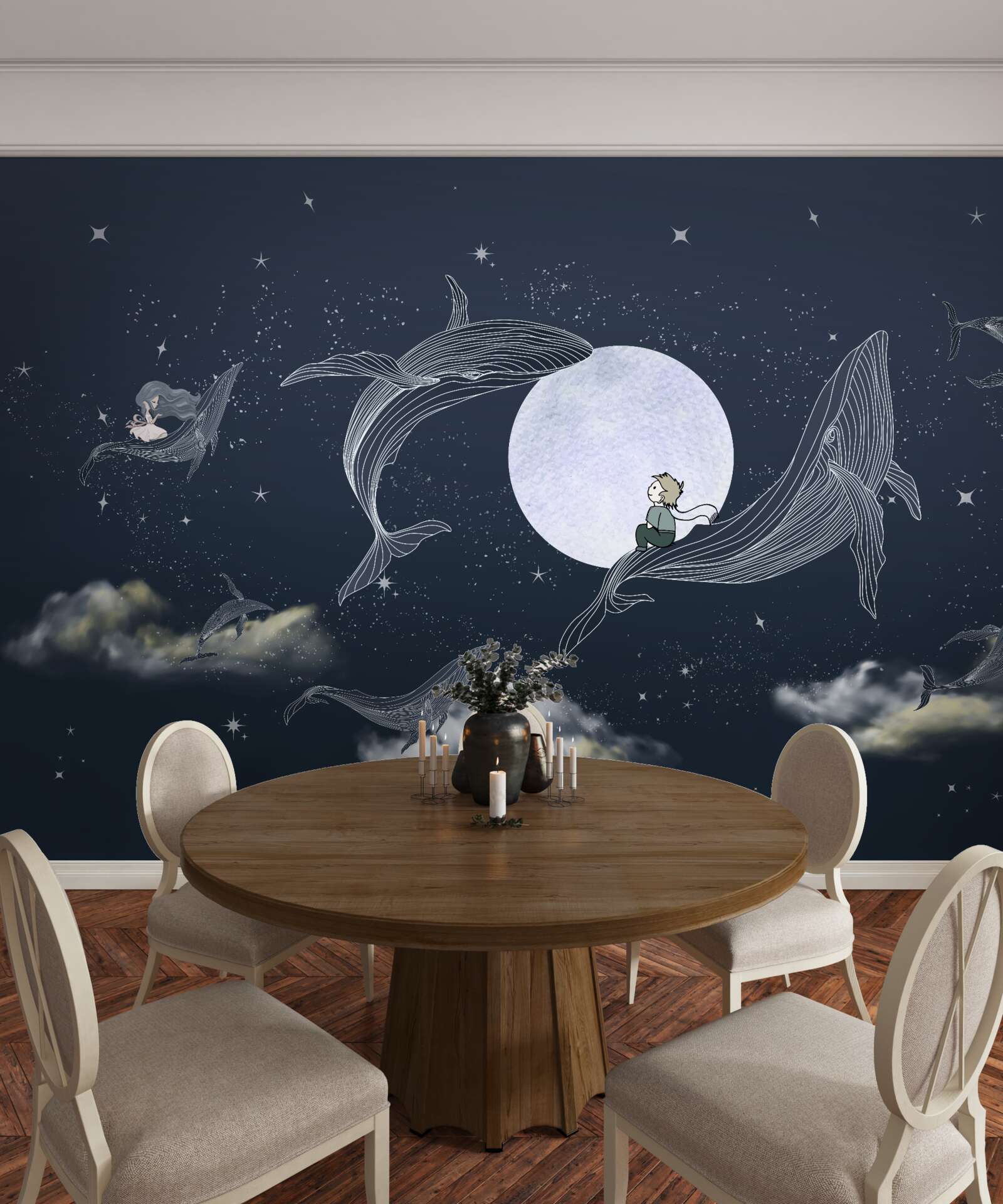 Fototapeten Wale nachts unter dem Mond