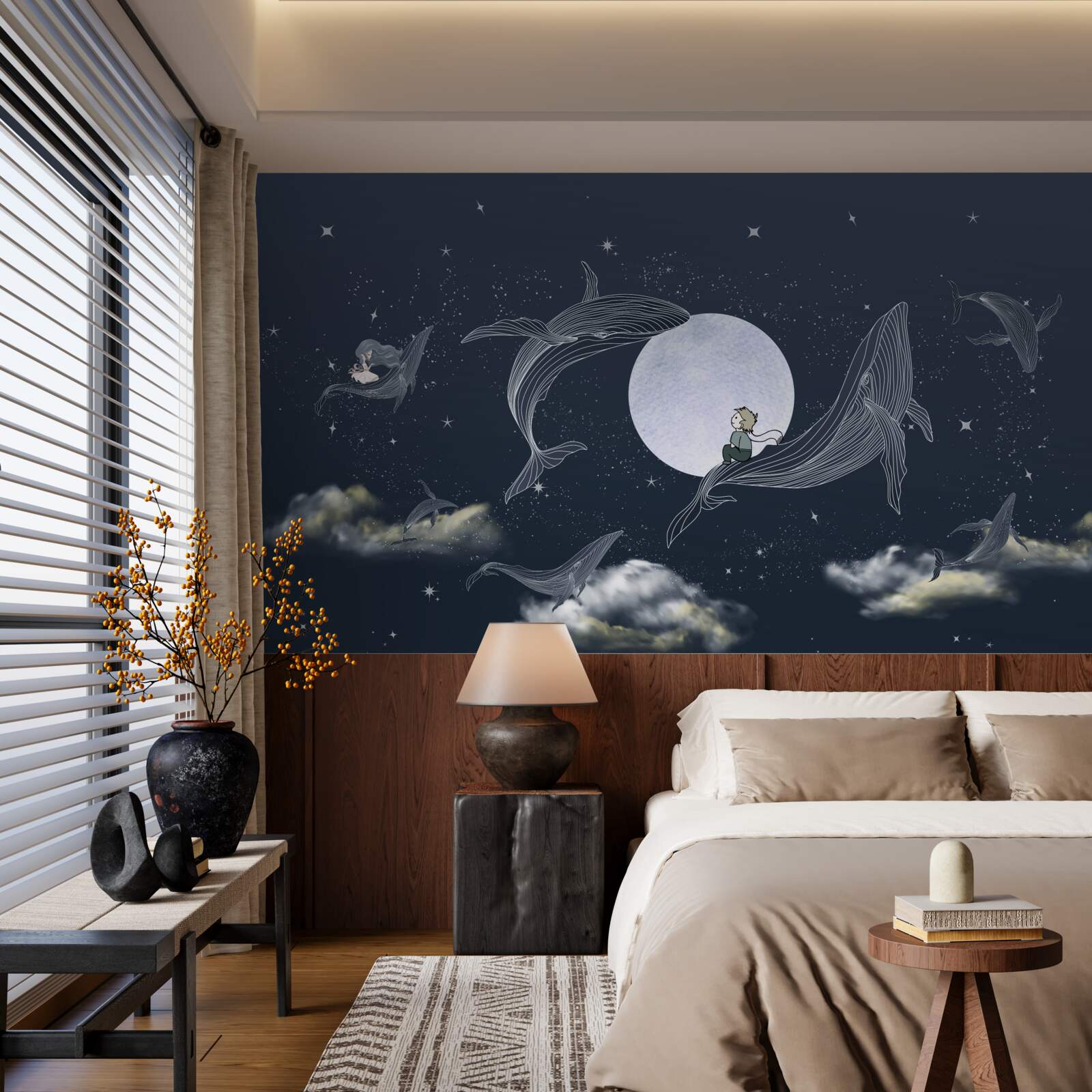 Fototapeten Wale nachts unter dem Mond