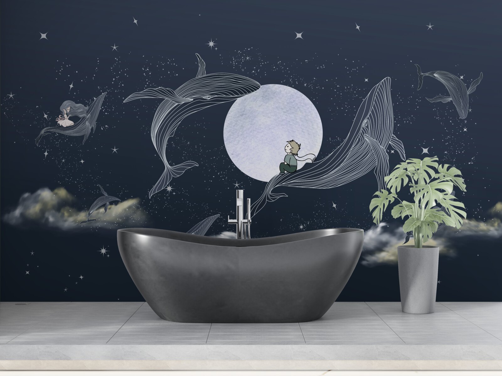 Fototapeten Wale nachts unter dem Mond