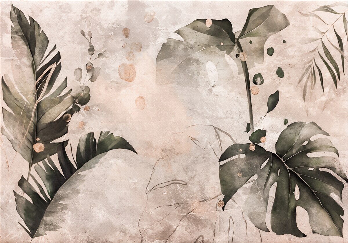 Fototapeten Aquarelle, die große tropische Blätter darstellen