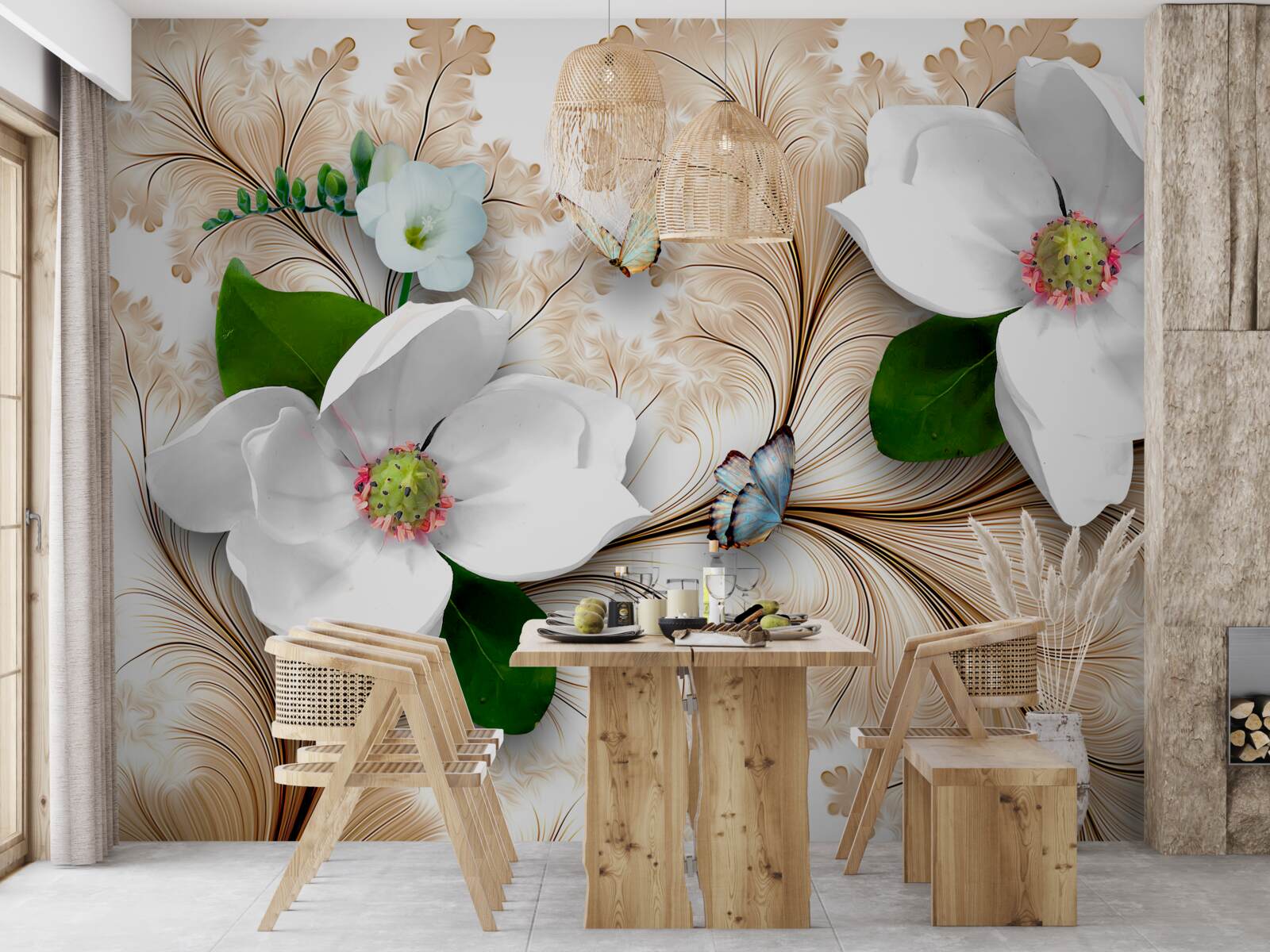 Fototapeten Leichte Schnee -weiße Blumen auf einem braunen Hintergrund