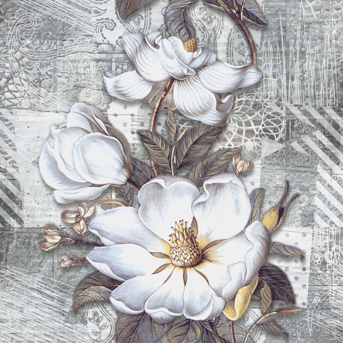 Fototapeten Große weiße Blüten vor dem Hintergrund abstrakter Designs