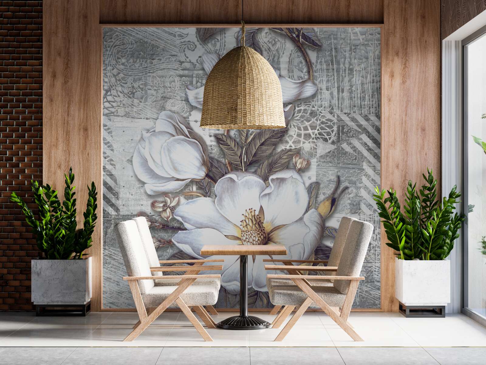 Fototapeten Große weiße Blüten vor dem Hintergrund abstrakter Designs