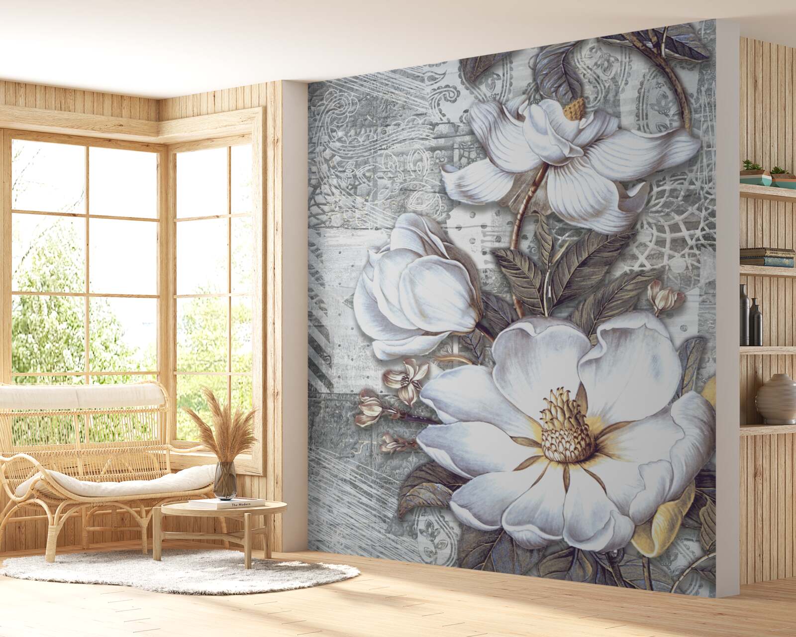 Fototapeten Große weiße Blüten vor dem Hintergrund abstrakter Designs