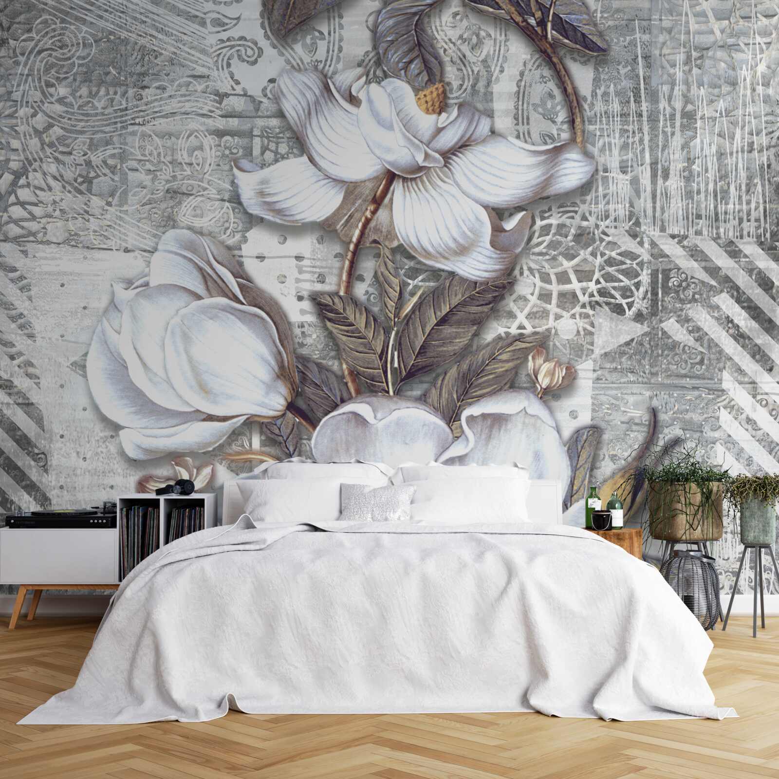Fototapeten Große weiße Blüten vor dem Hintergrund abstrakter Designs