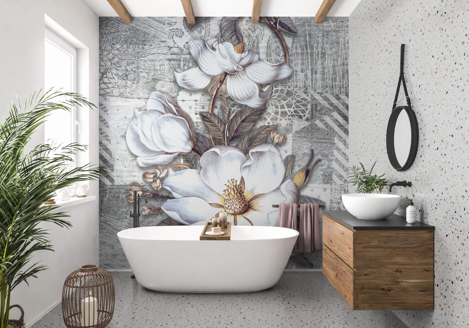 Fototapeten Große weiße Blüten vor dem Hintergrund abstrakter Designs