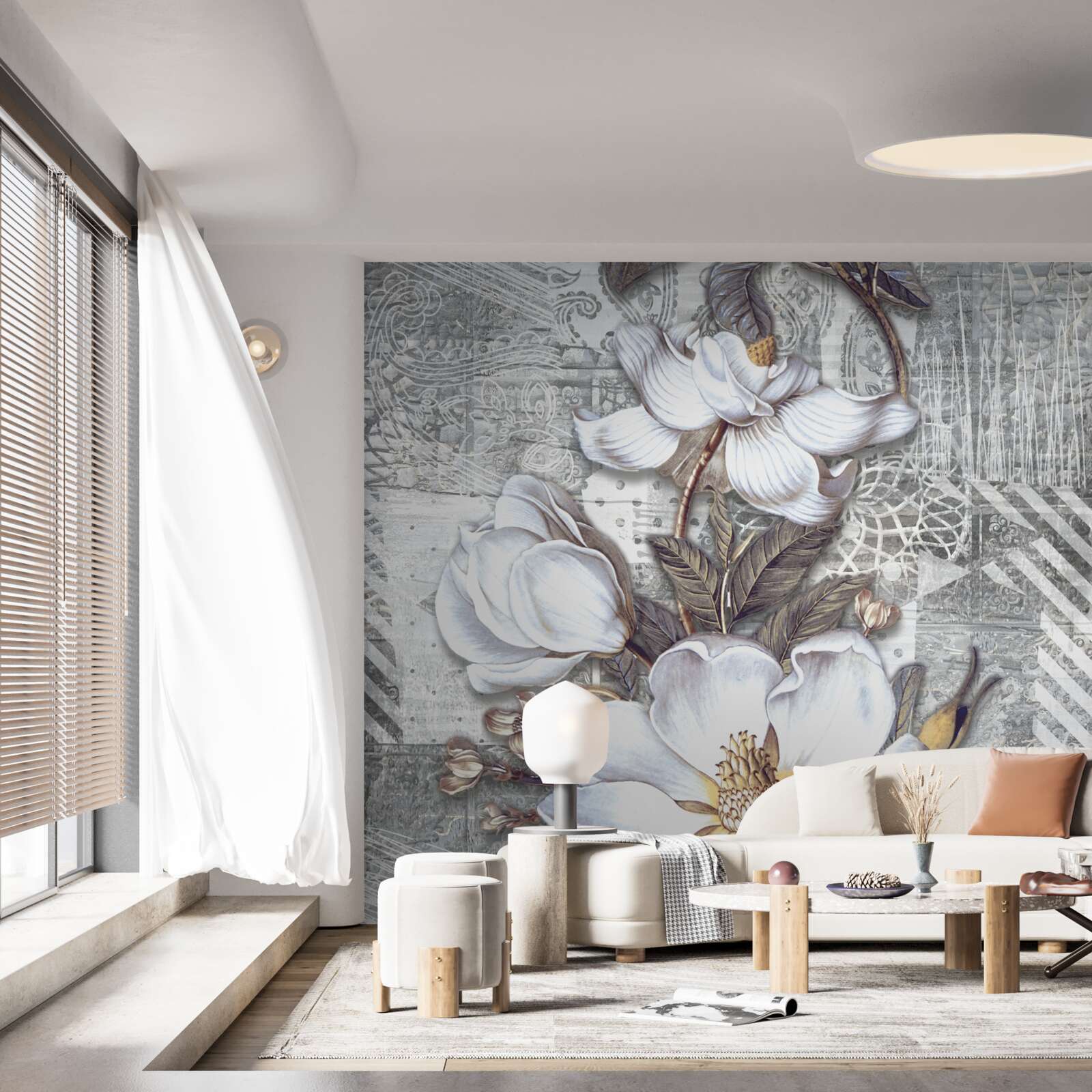 Fototapeten Große weiße Blüten vor dem Hintergrund abstrakter Designs