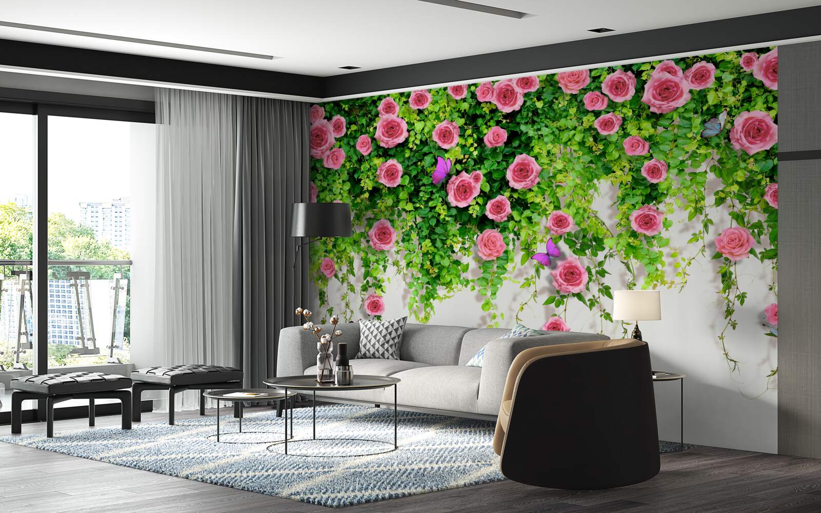 Fototapeten Strauchrosen mit einer reichen rosa Farbe