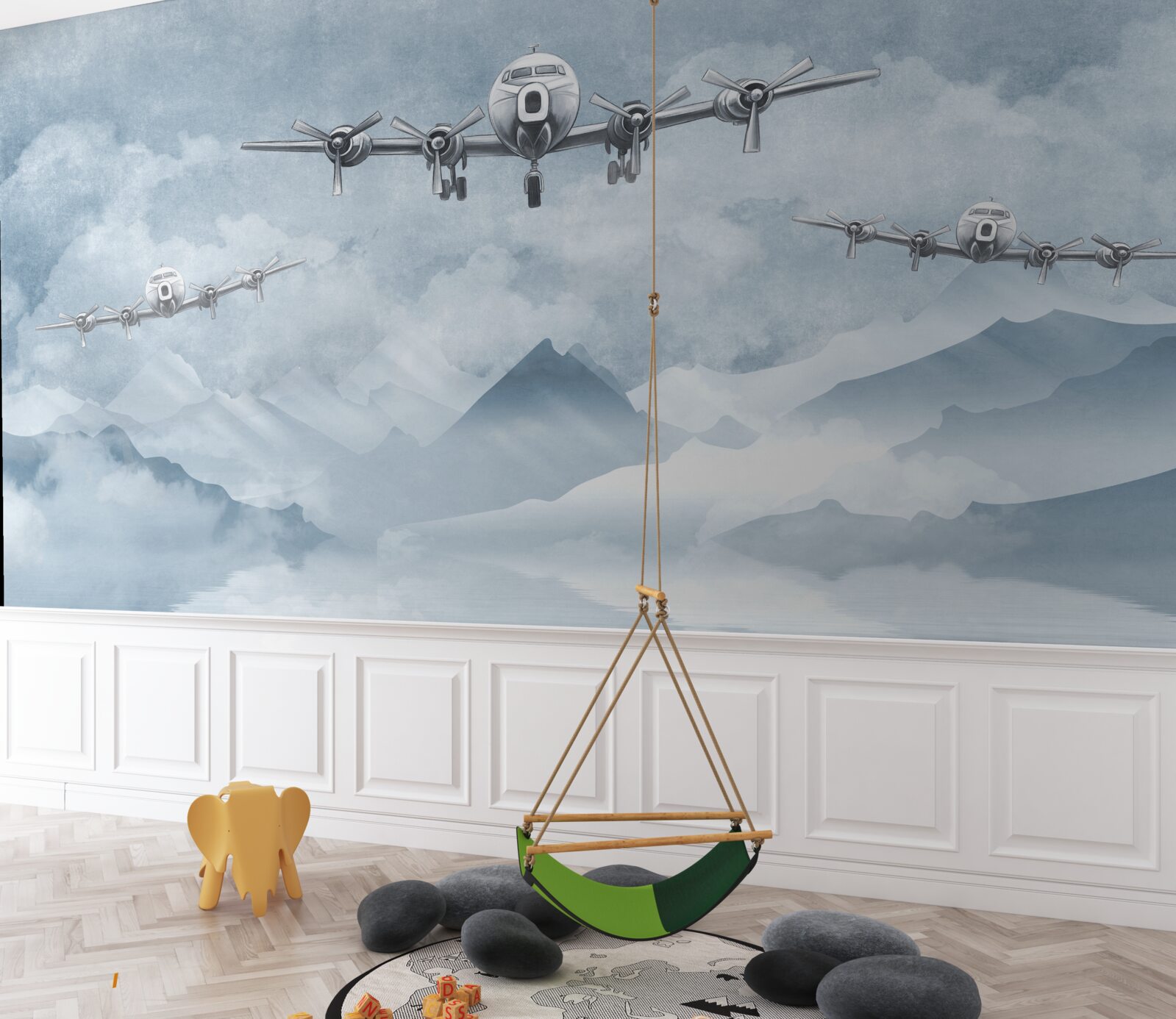 Fototapeten Flugzeuge fliegen über die Berge