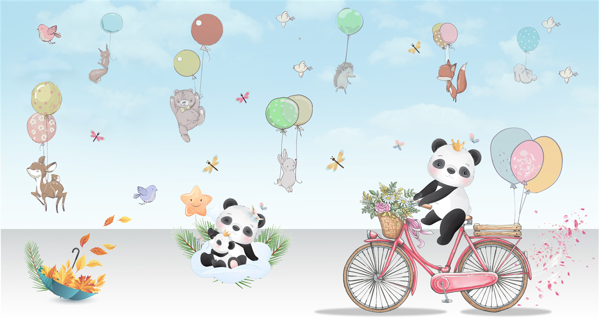 Fototapeten Luftballons mit Pandas und anderen Tieren