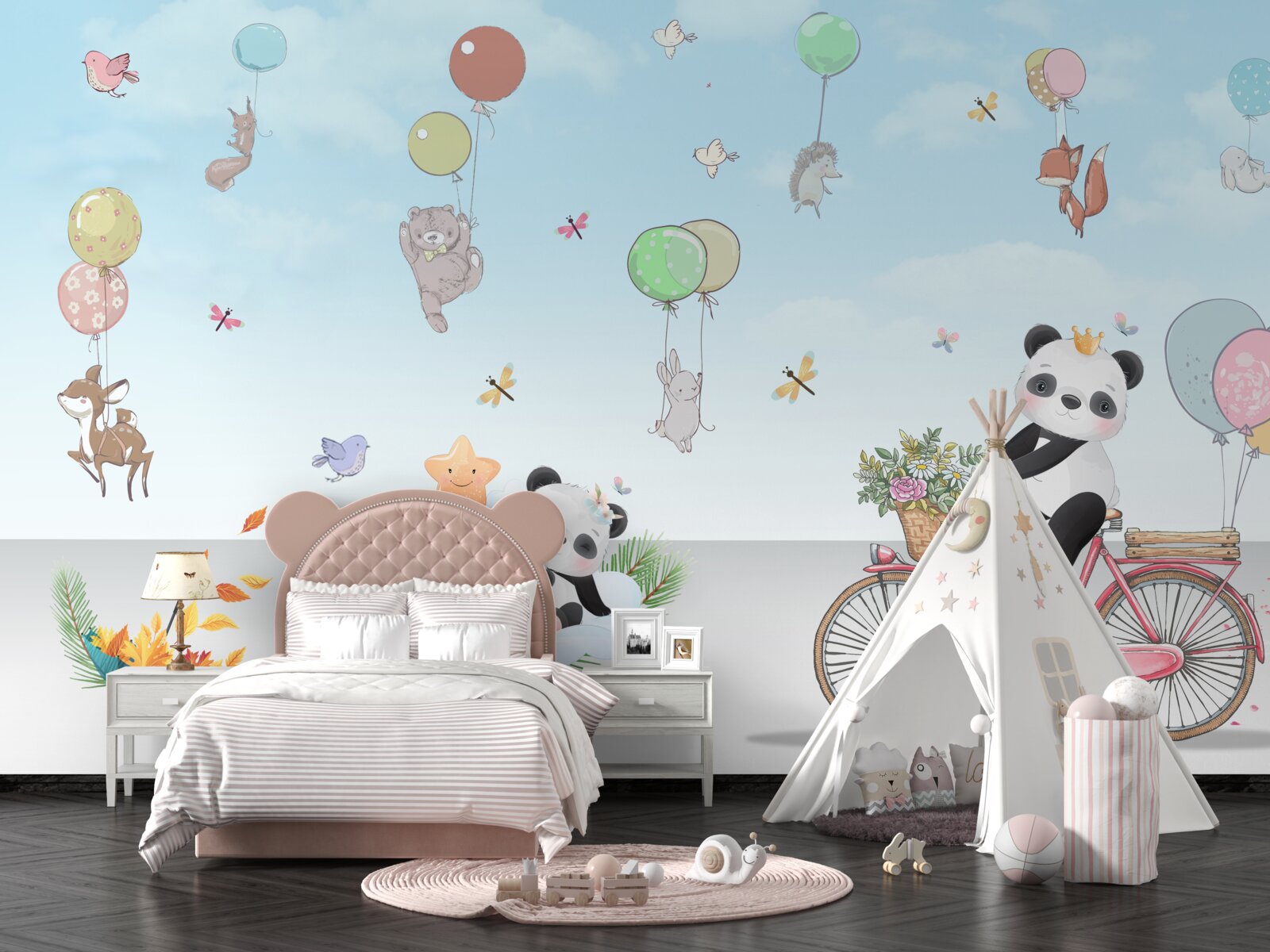Fototapeten Luftballons mit Pandas und anderen Tieren