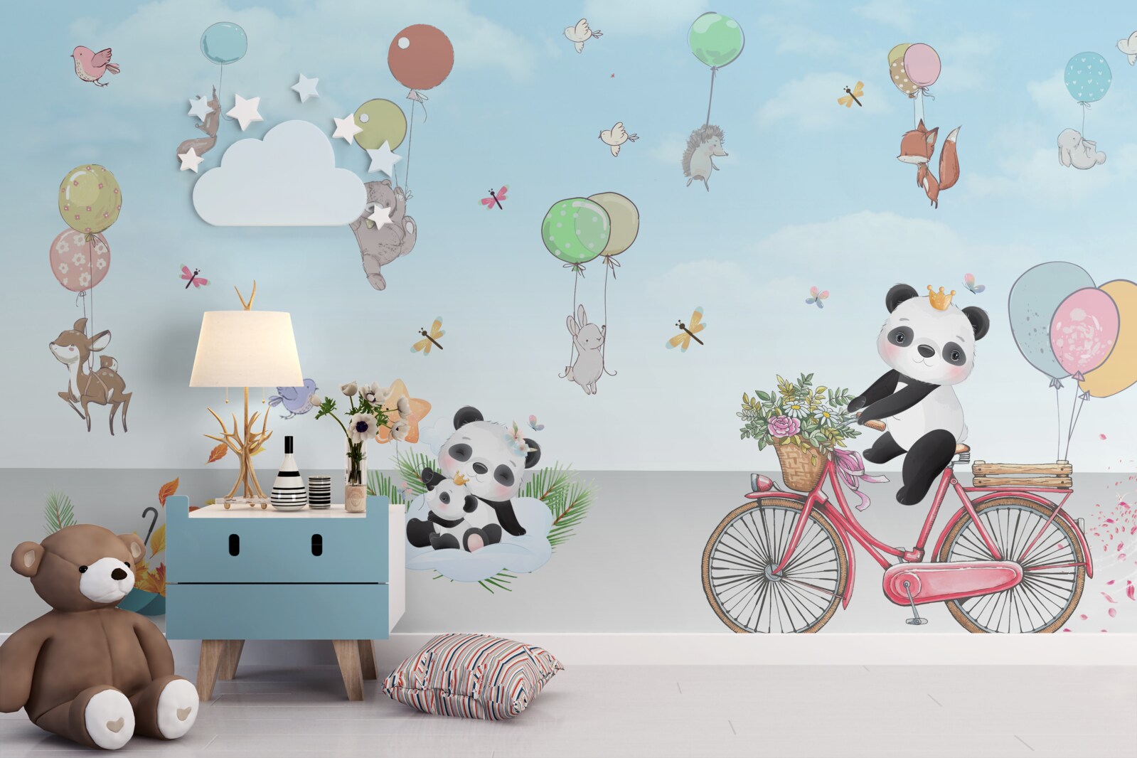 Fototapeten Luftballons mit Pandas und anderen Tieren