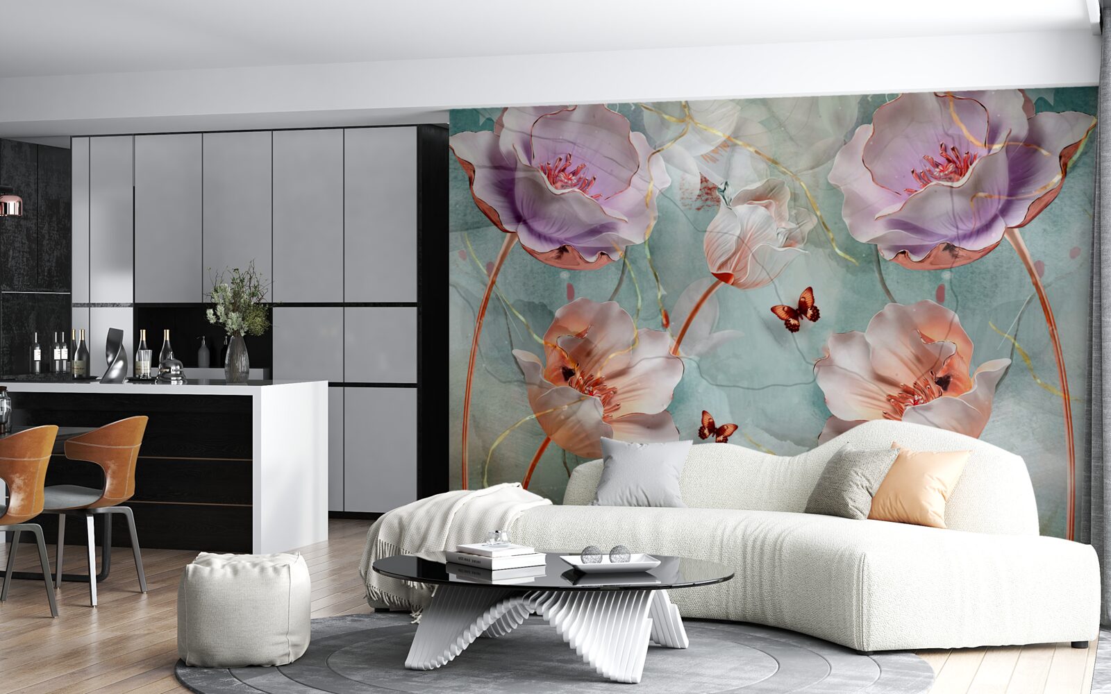 Fototapeten Verschiedene Mohnblumen mit flatternden Schmetterlingen
