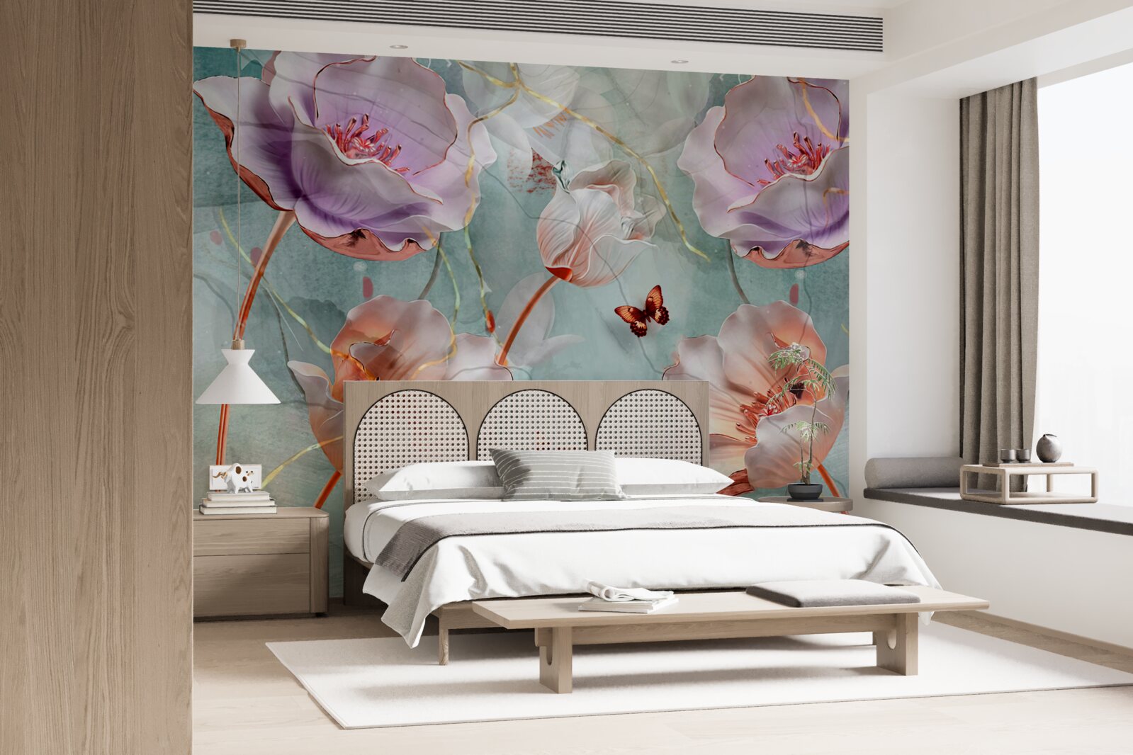 Fototapeten Verschiedene Mohnblumen mit flatternden Schmetterlingen