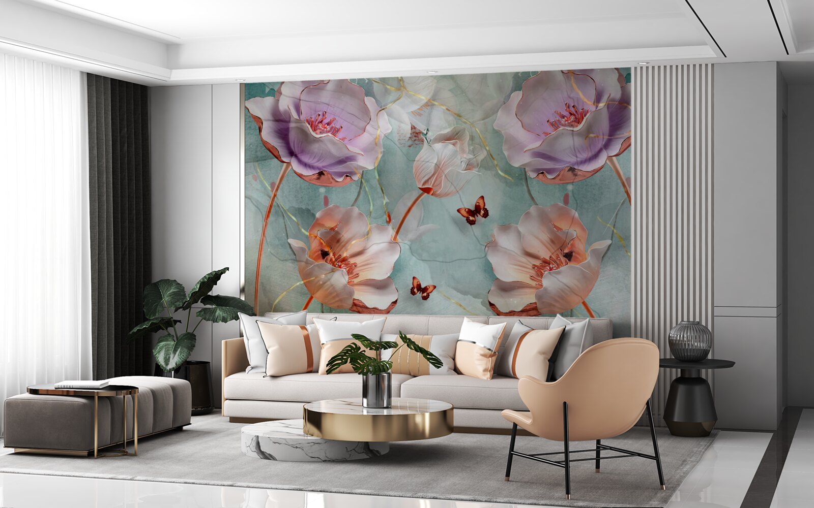 Fototapeten Verschiedene Mohnblumen mit flatternden Schmetterlingen
