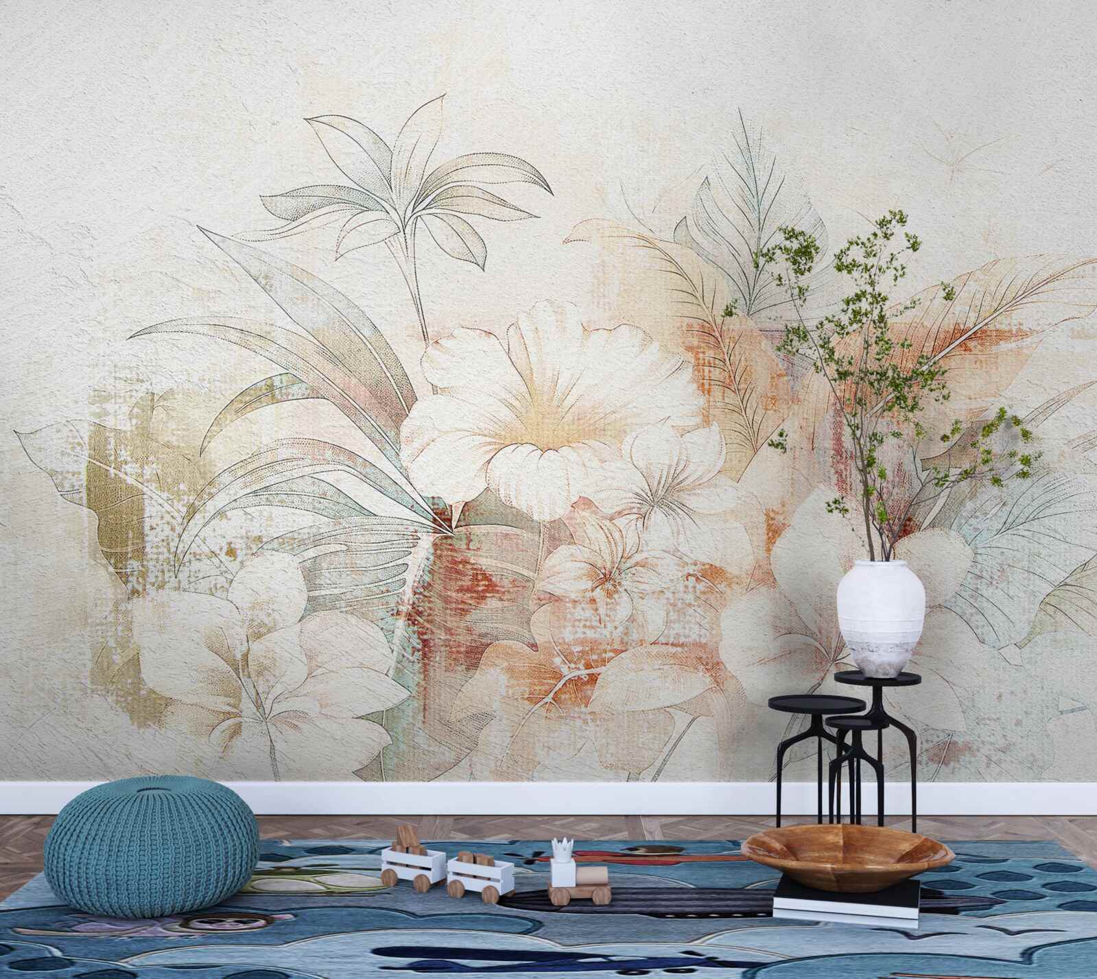 Fototapeten Aquarellblüten und Blätter