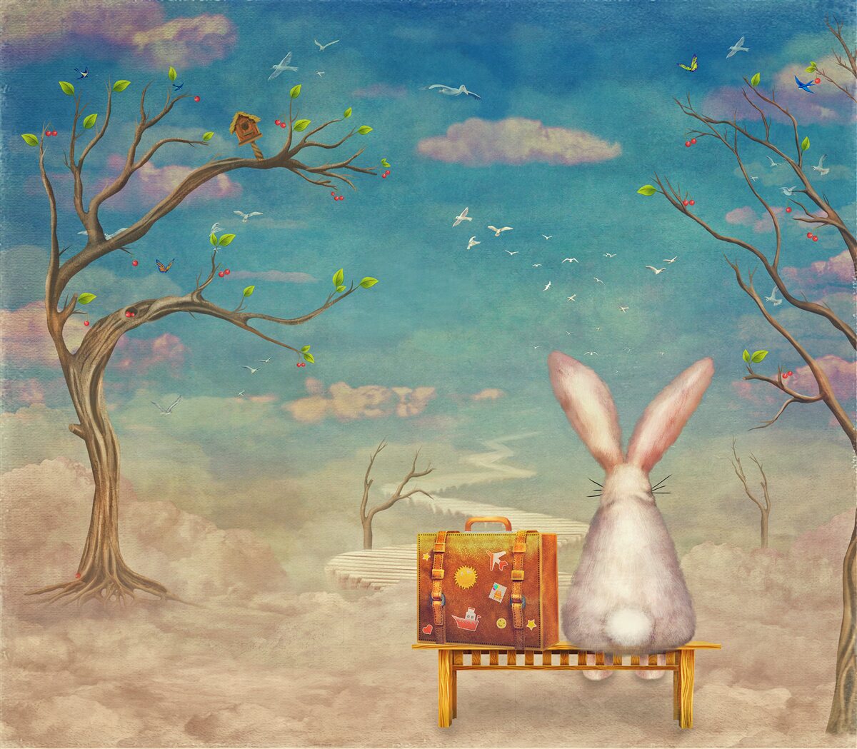 Fototapeten Der Hase sitzt auf der Bank und wartet und wartet