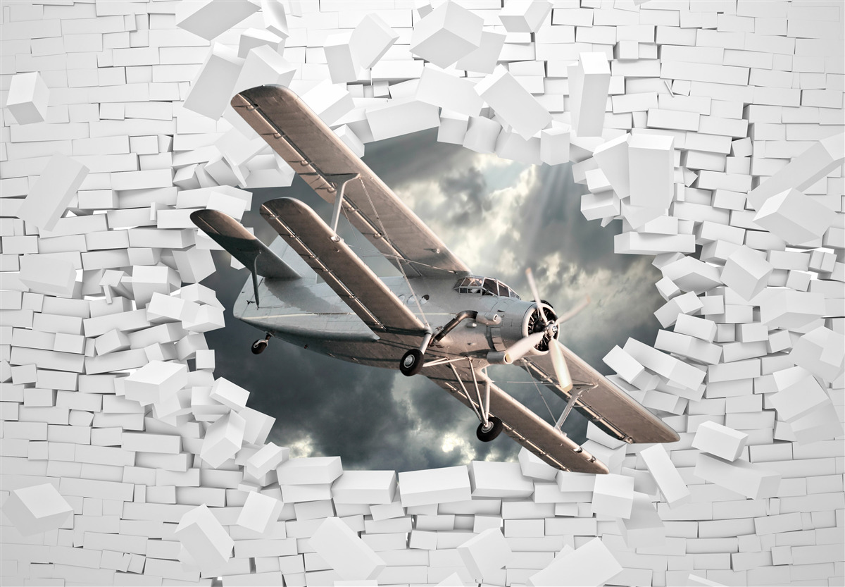 Fototapeten Das Flugzeug durchbohrt die Wand