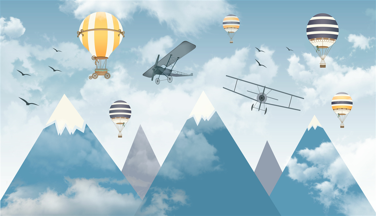 Fototapeten Flugzeug und Luftballons über der Bergkette