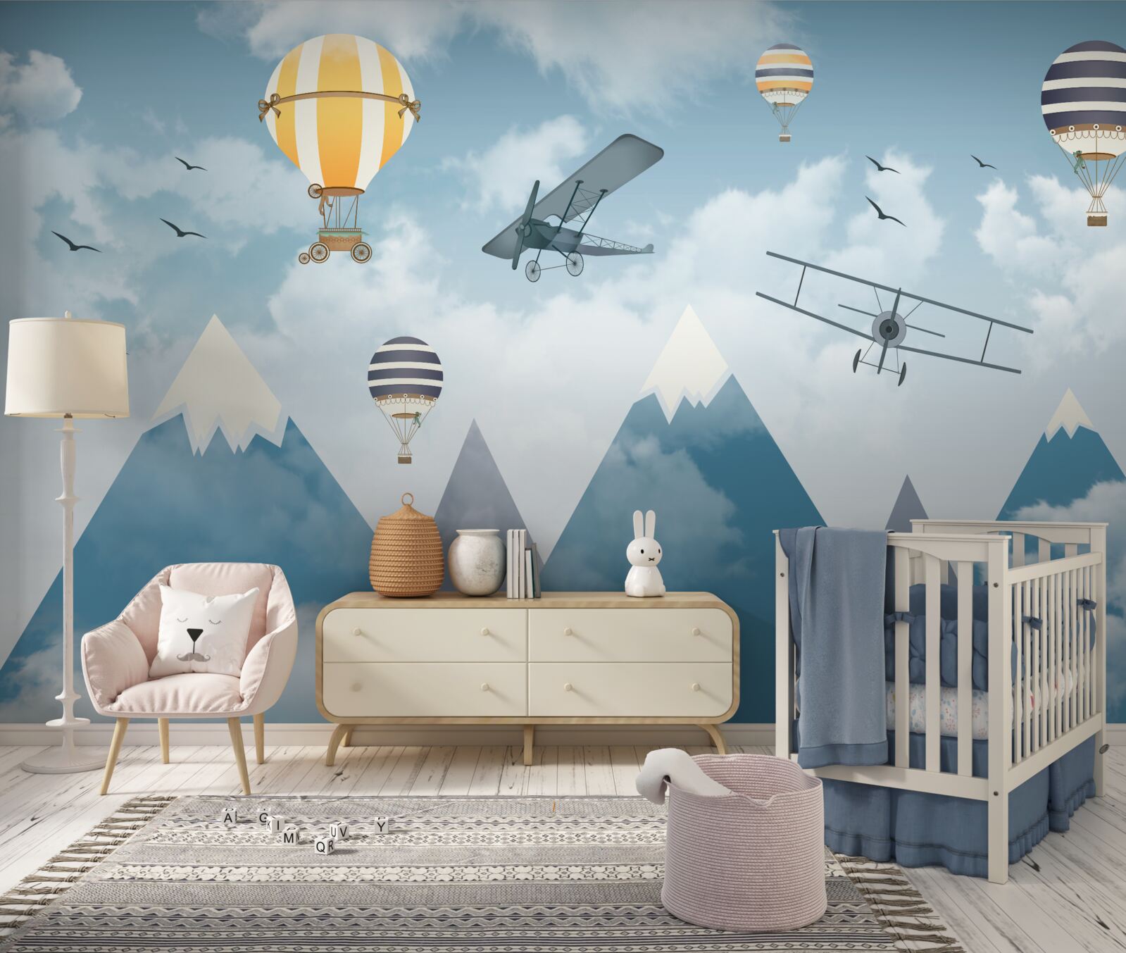 Fototapeten Flugzeug und Luftballons über der Bergkette