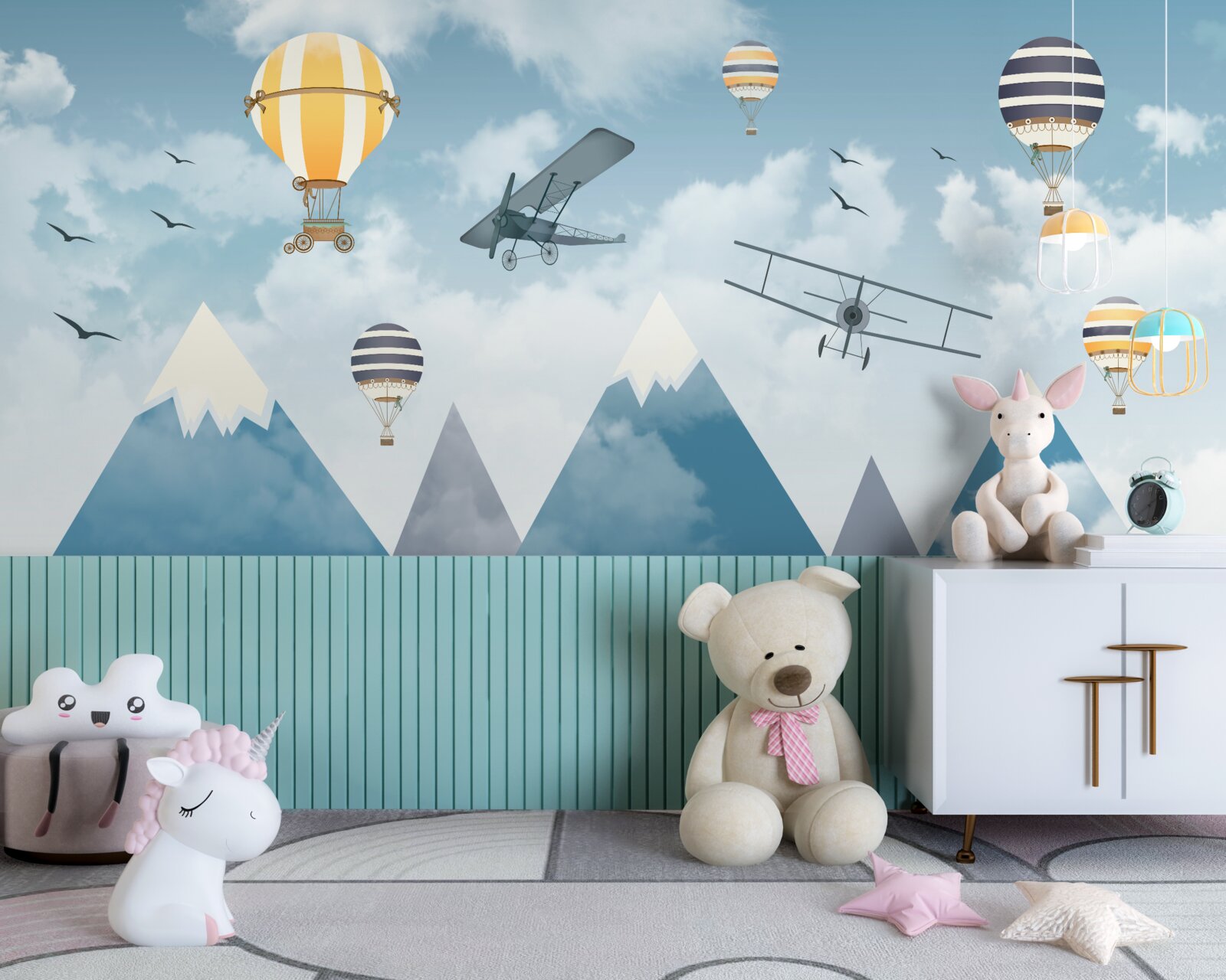 Fototapeten Flugzeug und Luftballons über der Bergkette