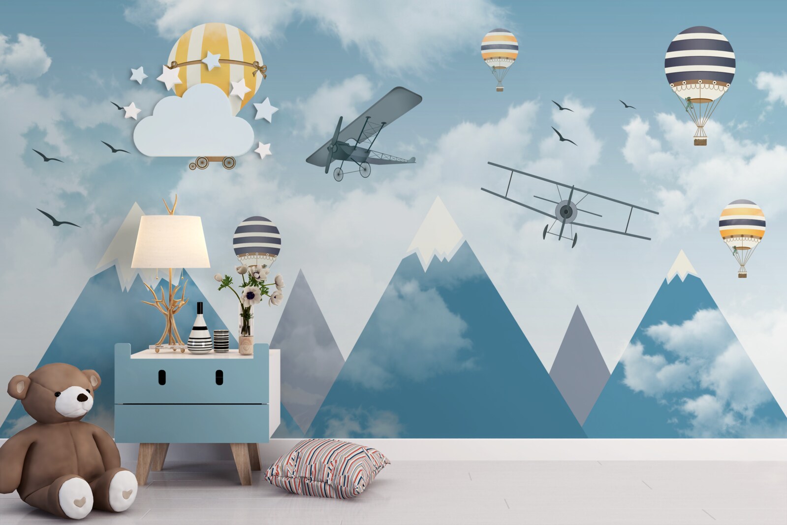 Fototapeten Flugzeug und Luftballons über der Bergkette