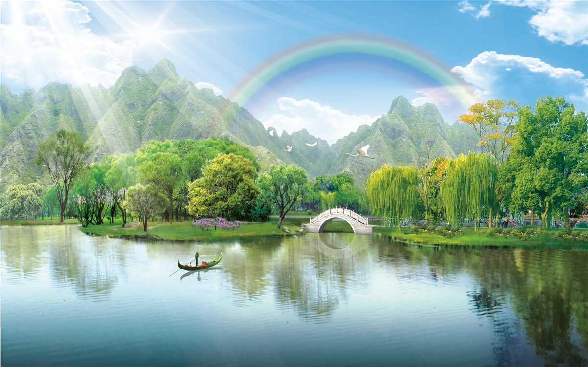 Fototapeten Der japanische Bergsee mit einem Regenbogen darüber