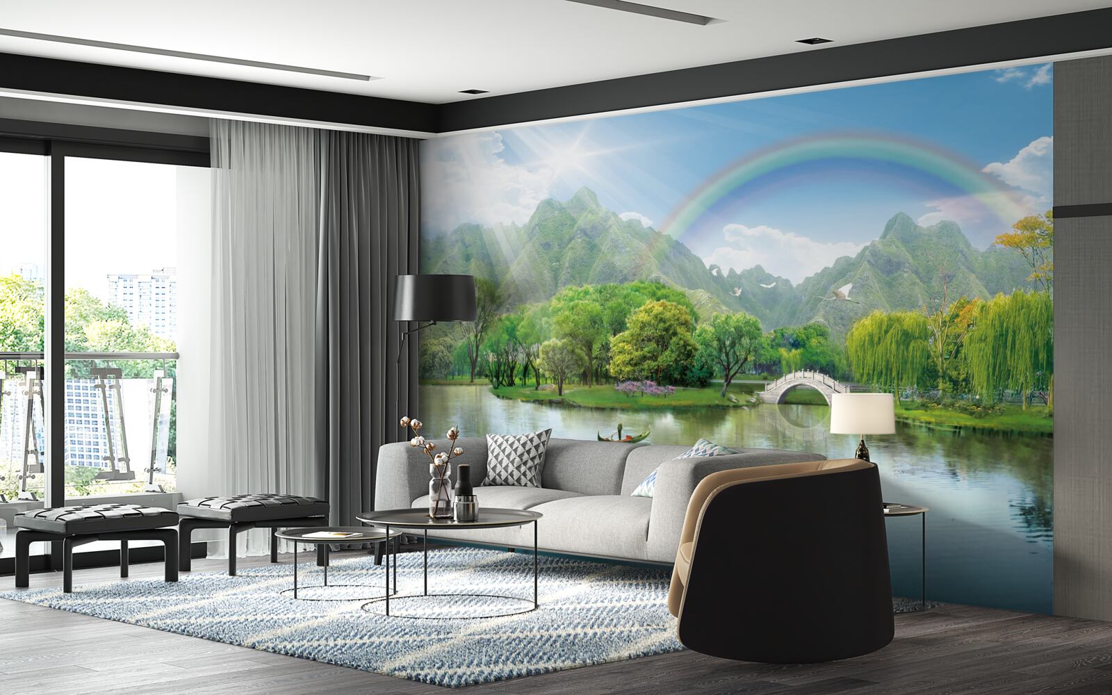 Fototapeten Der japanische Bergsee mit einem Regenbogen darüber